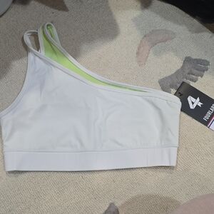 Women's One-Shoulder White and Lime Sports Bra Fourlaps